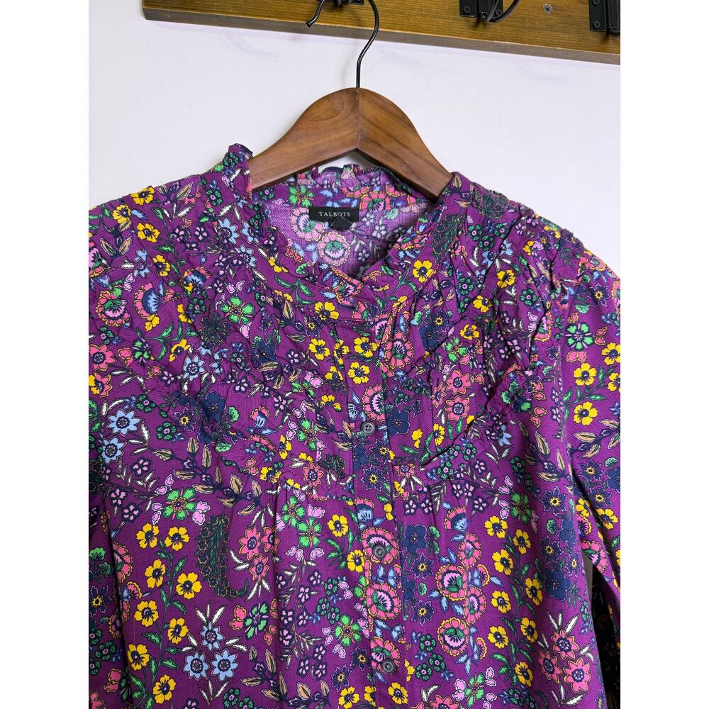 Talbots Floral Ruffle Blouse Purple Long Sleeve Button Front Top Women’s M - Picture 3 of 6